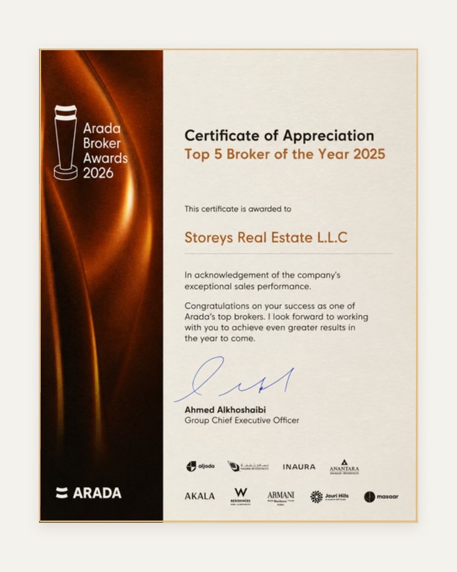 Arada Broker Awards 2026 — Certificate of Appreciation, Top 5 Broker of the Year 2025